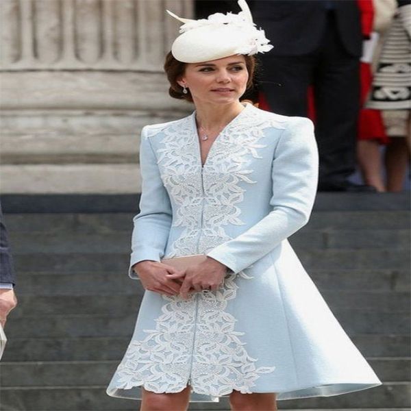 

kate middleton coat dress duchess of cambridge lace light sky blue dresses mother of bride occasion outfit custom made measurements, Black;red