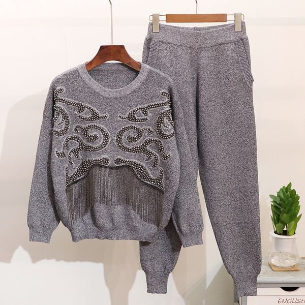 

women's tracksuits spring autumn 2 piece set fashion beaded tassel long sleeve knitted sweater + casual pants two outfits g402 l56, Gray