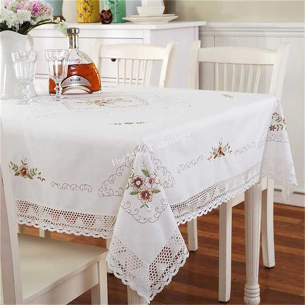 Europa bordado branco mesa de toalha de mesa de jantar de algodão flower lace toalha de café pastoral com HM54 211103
