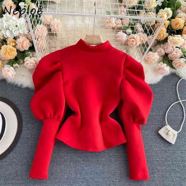 

ins puff sleeve design women blouse autumn fashion stand collar chic zip shirts solid color slim waist blusas 210422, White