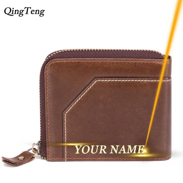 

wallets engravable genuine leather men wallet zipper coin purse card personalized small male walets pocket customized money bag dropship, Red;black