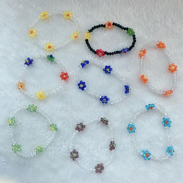 

charm bracelets 2021 korean cute flowers transparent colorful beaded handmade elastic wristband for women jewelry, Golden;silver