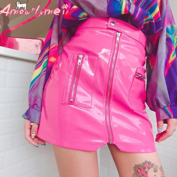 

skirts summer punk harajuku pu leather women 2021 zipper high waist short skirt ladies casual party female saias, Black
