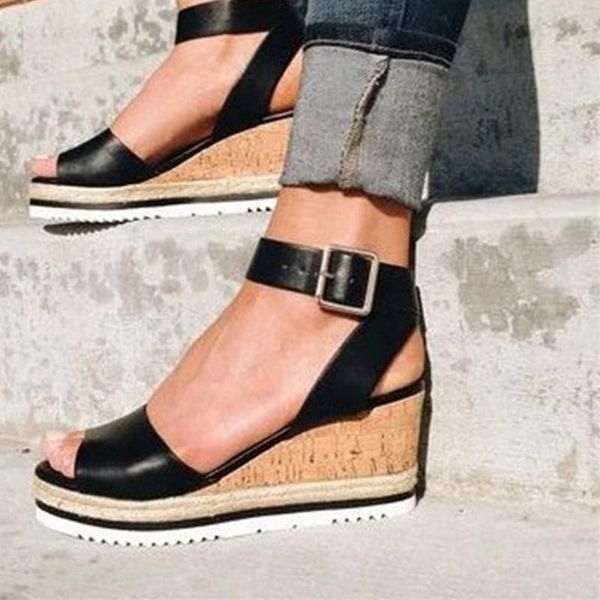 

sandals retro womens fashion open toe ankle platform wedges shoes ladies roman buty damskie mujer 2022, Black