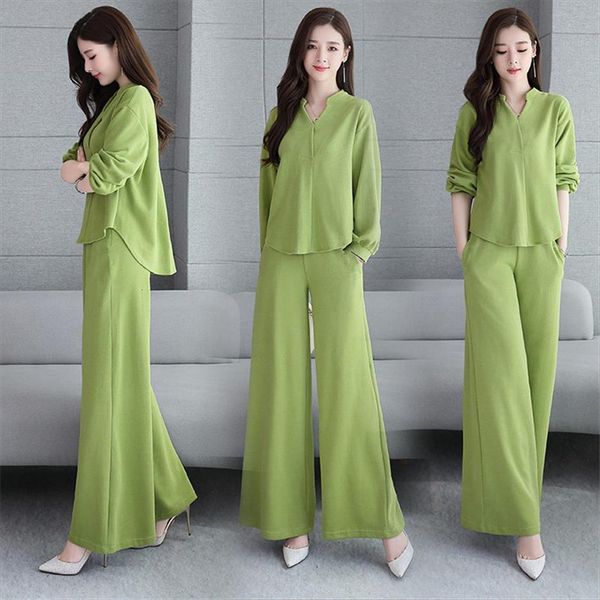 

set spring casual solid suit womens tracksuits high waist wide leg pants elegant two piece, Gray