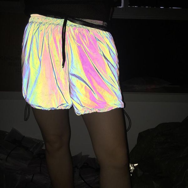 

hip hop beach dancing night running safety shorts comfortable iridescent rainbow color reflective short pants clothes for woman girls, White;black