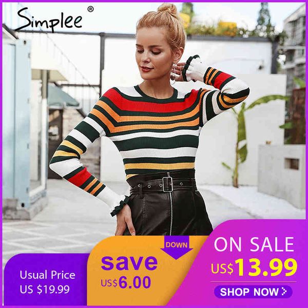 

ruffles stripe autumn winter sweater o ncek long sleeve casual pullovers pink slim knitted sweaters fashion women 210414, White;black