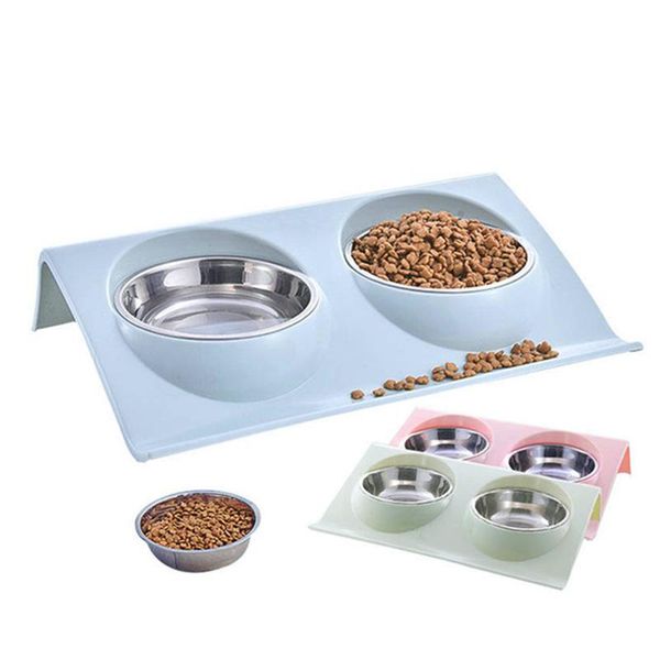 

color pet cat double bowls water feeder stainless steel bowl for dog puppy cats pets supplies feeding dishes s/m & feeders