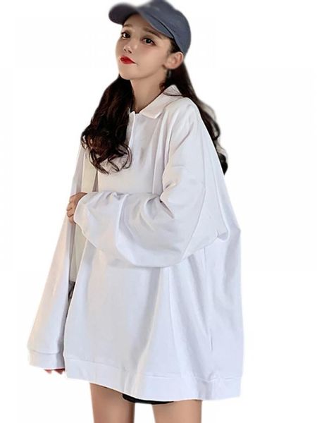 

women's t-shirt autumn korean style women fashion harajuku all-match loose solid color lapel full sleeve long top, White