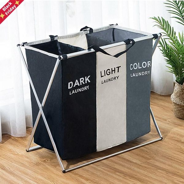 

x-shape foldable dirty laundry basket organizer printed collapsible three grid home hamper sorter large storage & organization