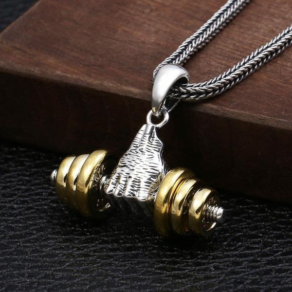 

chains unique design hand dumbbell metal pendant men's fitness dance costume necklace accessories gift, Silver