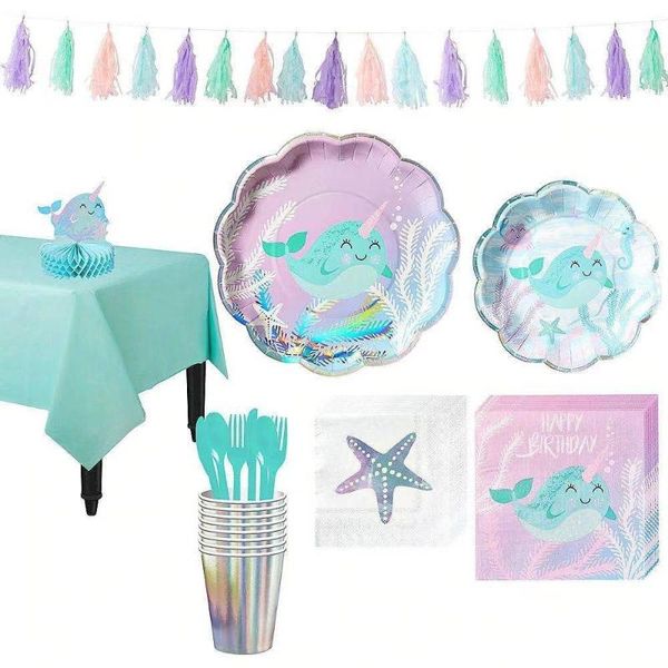 

disposable dinnerware marine theme narwhal shell birthday party tableware set paper plate cake dish cutlery