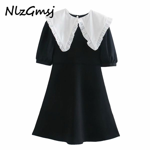 

dres black patchwork mini knitted vintage contrast double-layer collar short puff sleeve es 210628, Black;gray