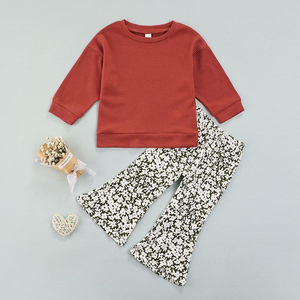 

clothing sets 2pcs toddler baby girls t-shirt and trousers suit sweet fashion solid color long sleeve floral flared pants, 1-6 years, White
