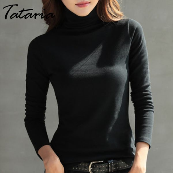 Tataria High Necked Pullover Para Mulheres Sólida Manga Longa T-shirt Inverno Inverno Tops Slim Fit Turtleneck Pullovers 210514