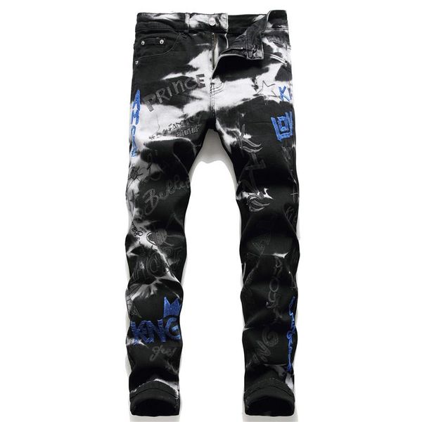 

men's jeans for men printing embroidered pants slim denim trousers biker 2021 straight casual designer comfortable, Blue
