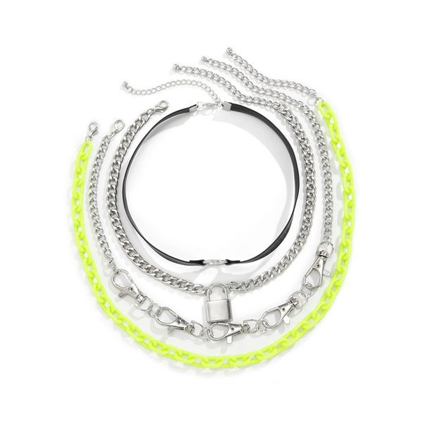 

yamog punk lock buckle mix pendant necklaces women hip hop gothic hollow fluorescent clavicle chain european alloy acrylic multi layer neckl, Silver
