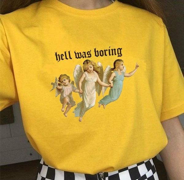 

women's t-shirt 1pcs hell was boring angel women three cherub funny stylish letter print summer cotton short sleeve, White