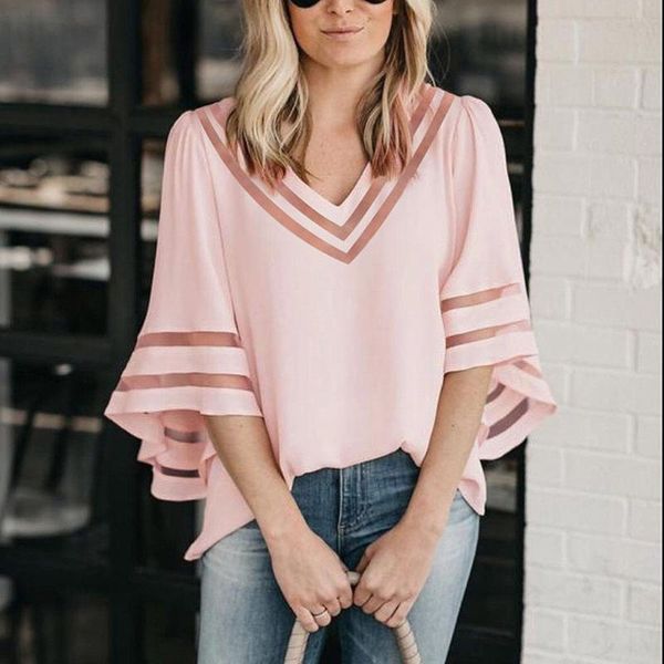 

womens trendy female blouses autumn leisure solid color shirts hollow out v-neck three quarter flare sleeve 2021 loose blouse women's &, White