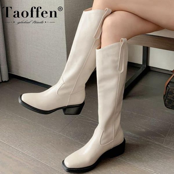 

boots taoffen size 34-40 fashion women real leather knee thick heels slip on cool ins winter warm ladies footwear, Black