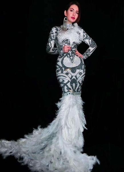 

casual dresses big elastic crytals feather female costume nightclub show performsnce fashion dress, Black;gray