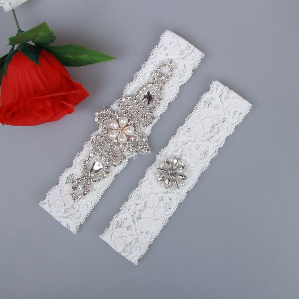 

bridal garters lace rhinestones pearls vintage handmade wedding garter set with leg garter belt, White