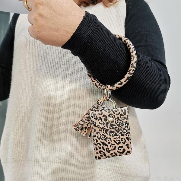 

keychains leopard grain leather wristlet card package bangle fashion large circle keyring bracelet for women bohemia jewelry, Silver