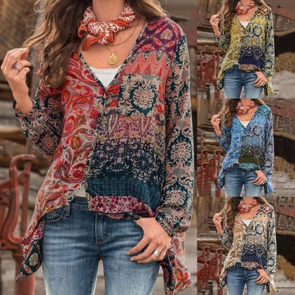 

women's blouses & shirts plus size 5xl elegant women bohemian v-neck long sleeve print blouse loose unregular zacq, White