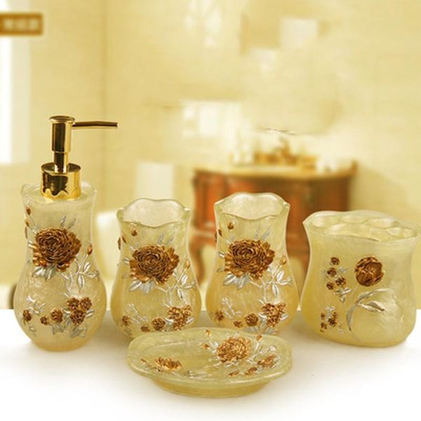 

bath accessory set resin bathroom supplies yellow lotion bottle soap box toothbrush bucket mouthwash cup toilet brush five-piece trash can