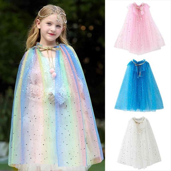 

halloween costume girls rainbow sequin princess shawl colorful tulle cape cloak child fancy dress up mantle cosplay kids clothes, Blue;gray