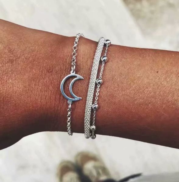 

european and american fashion bangle bosimi style three piece set of empty moon crescent bead chain combination, Black