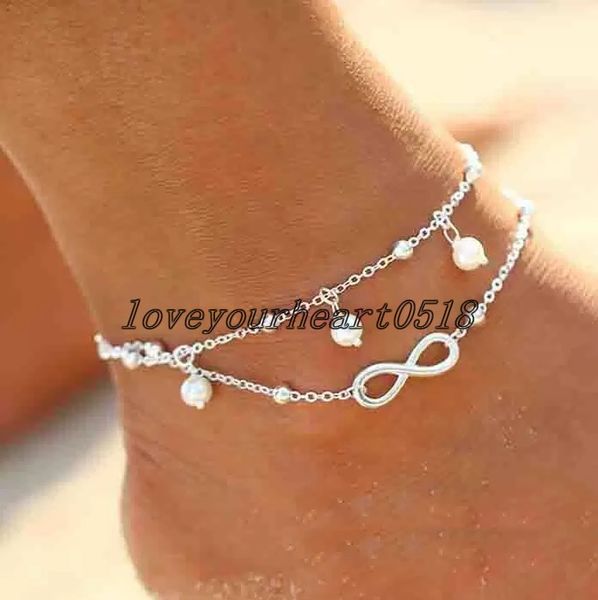 

vintage fashion summer beach anklet bracelet infinity foot jewelry pearl bead gold silver chain anklets foot chains for women, Red;blue