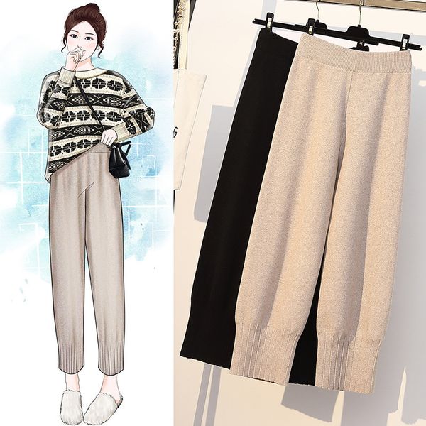 

women's pants & capris winter high elastic solid color knitted loose comfortable wide leg long pant large size harlan bottoming plus de, Black;white