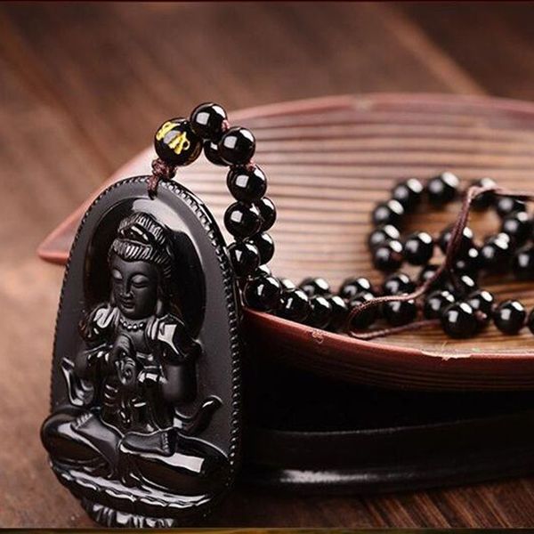 

fine jewelry natural black obsidian carved guanyin lucky amulet pendant jade necklace for women men, Black;brown
