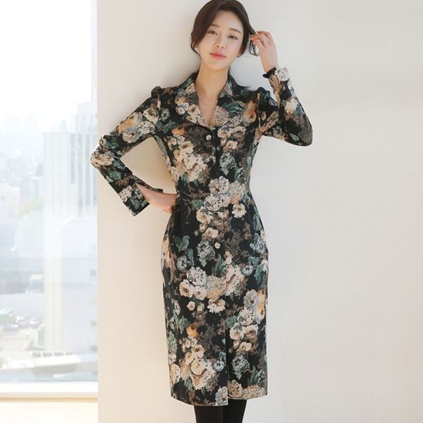 

llzacoosh autumn single breasted women v neck long sleeve printing hight waist sheath slim midi dress with belt 210514, Black;gray