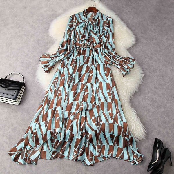 

casual dresses spring long sleeve round neck multicolor geometric print chiffon ribbon tie bow belted mid-calf dress elegant lm1111924 jpp6, Black;gray