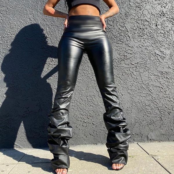 

women pu leather stacked pants autumn winter streetwear sweatpants high waist black trousers moto leggings y2k women's & capris, Black;white