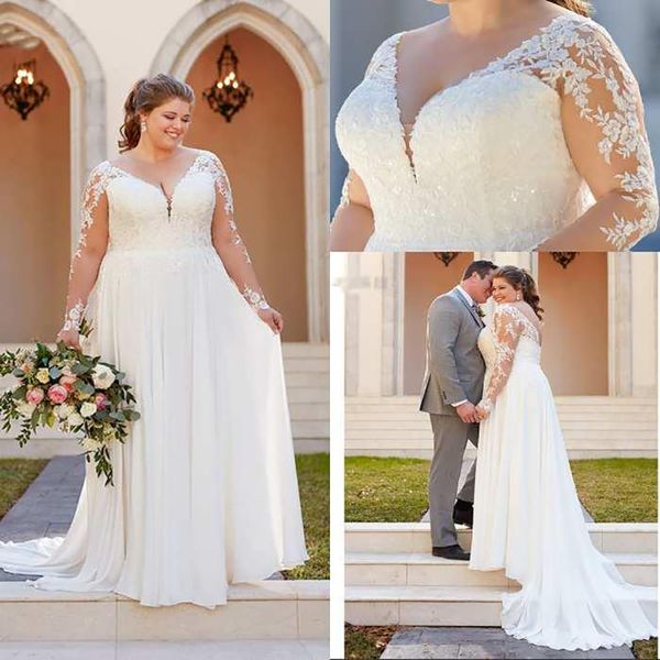 

plus size a line wedding dresses v neck appliques lace wedding gowns illusion long sleeve boho bridal dress vestido noiva, White