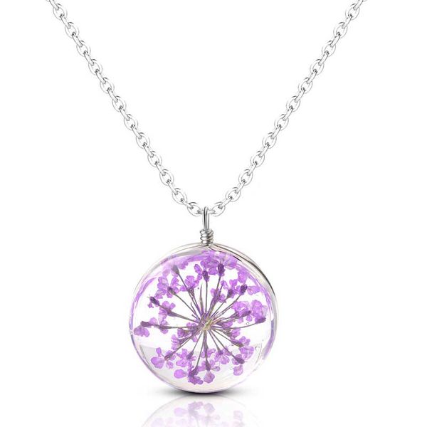 

2021 new dried flower necklace for women gifts fashion clear glass ball charms round pendant necklaces link chain cute jewelry, Silver