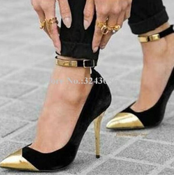 

dress shoes lady patchwork metal pointed toe high heels woman ankle buckle thin heel stiletto pumps fashion large size shoe, Black