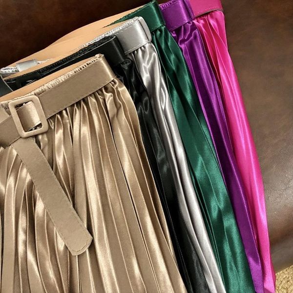 

autumn silky satin draped long women skirt pleated belt shiny elegant candy mid calf a line rose purple green, Black