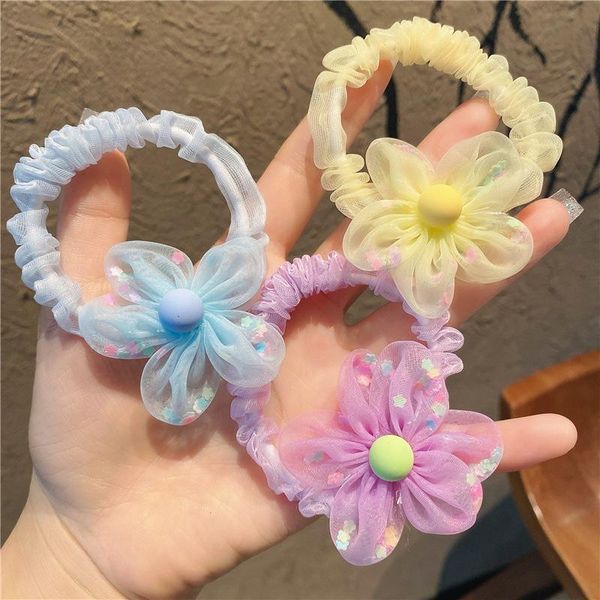 

girls' rubber band embroidery three-dimensional small flower rope hair ring super fairy mesh tied ponytail accessories, Slivery;white