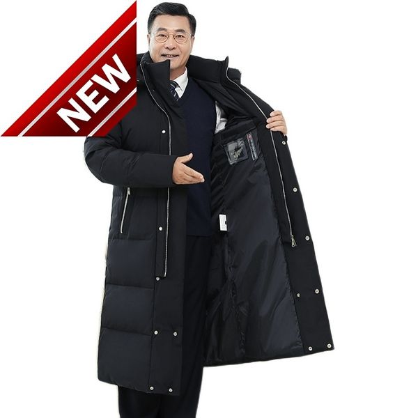 

men new quality hooded x-long knee thick winter jacket fashion 90% white duck down parka plus size 5xl, Black
