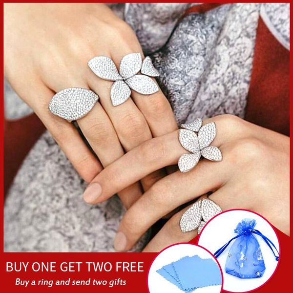 

cluster rings big leaf for women cz pave setting elegant unique design rose flower open adjustable finger jewelry party crp2033e, Golden;silver