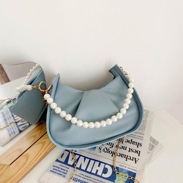 

shoulder bags vintage women pu leather solid color pleated crossbody messenger casual ladies pearl chain handle mini handbag