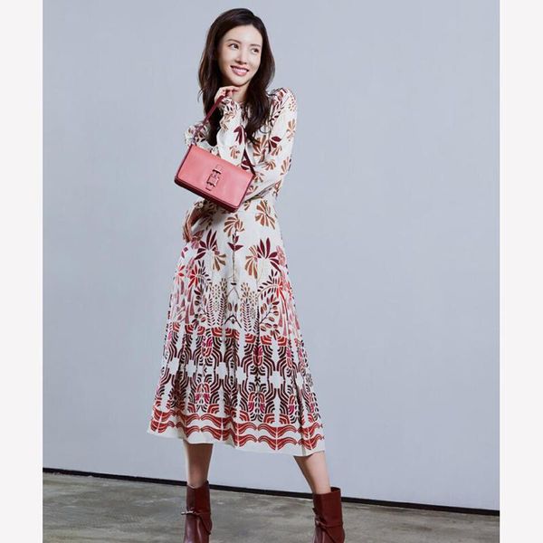 

casual dresses elegant dress for women 2021 runway designer women's stand collar long sleeves vintage print shirt np1252j, Black;gray