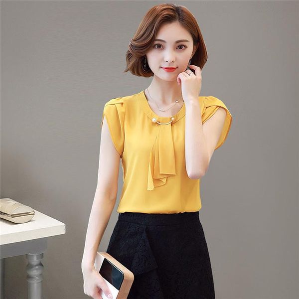 

women's blouses & shirts summer women elegant shirt chiffon solid color short sleeve bow tie ladies formal office blouse casual korean, White