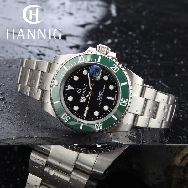 

wristwatches hannig luxury watch for men waterproof automatic mechanical ceramic bezel luminous sapphire steel strap reloj masculino, Slivery;brown