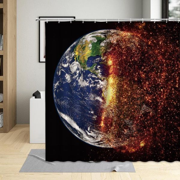 

flame earth universe shower curtain bathroom decor waterproof polyester cloth landscape night black bathtub curtains set