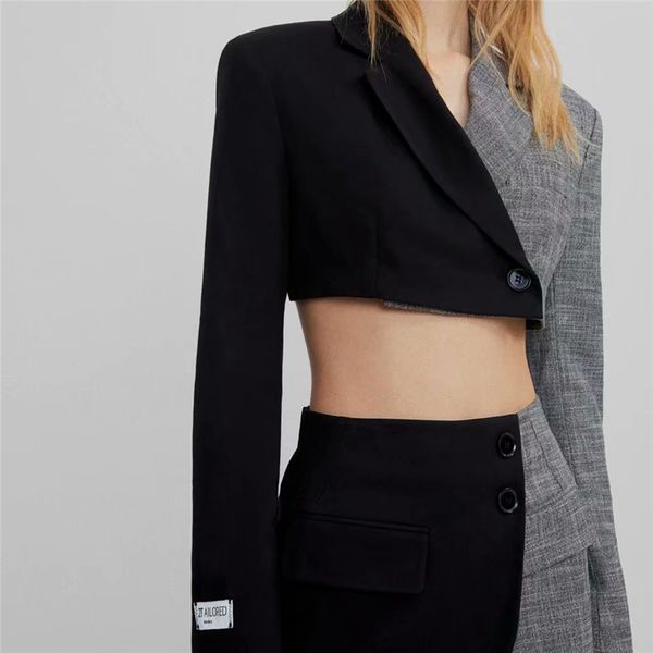 

women's suits & blazers elegant women notched collar fashion ladies patchwork jacket streetwear female chic short coats girl, White;black